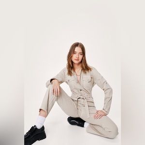 Sand Belted Denim Boilersuit Long Sleeve Button Up Jumpsuit Utility Coverall